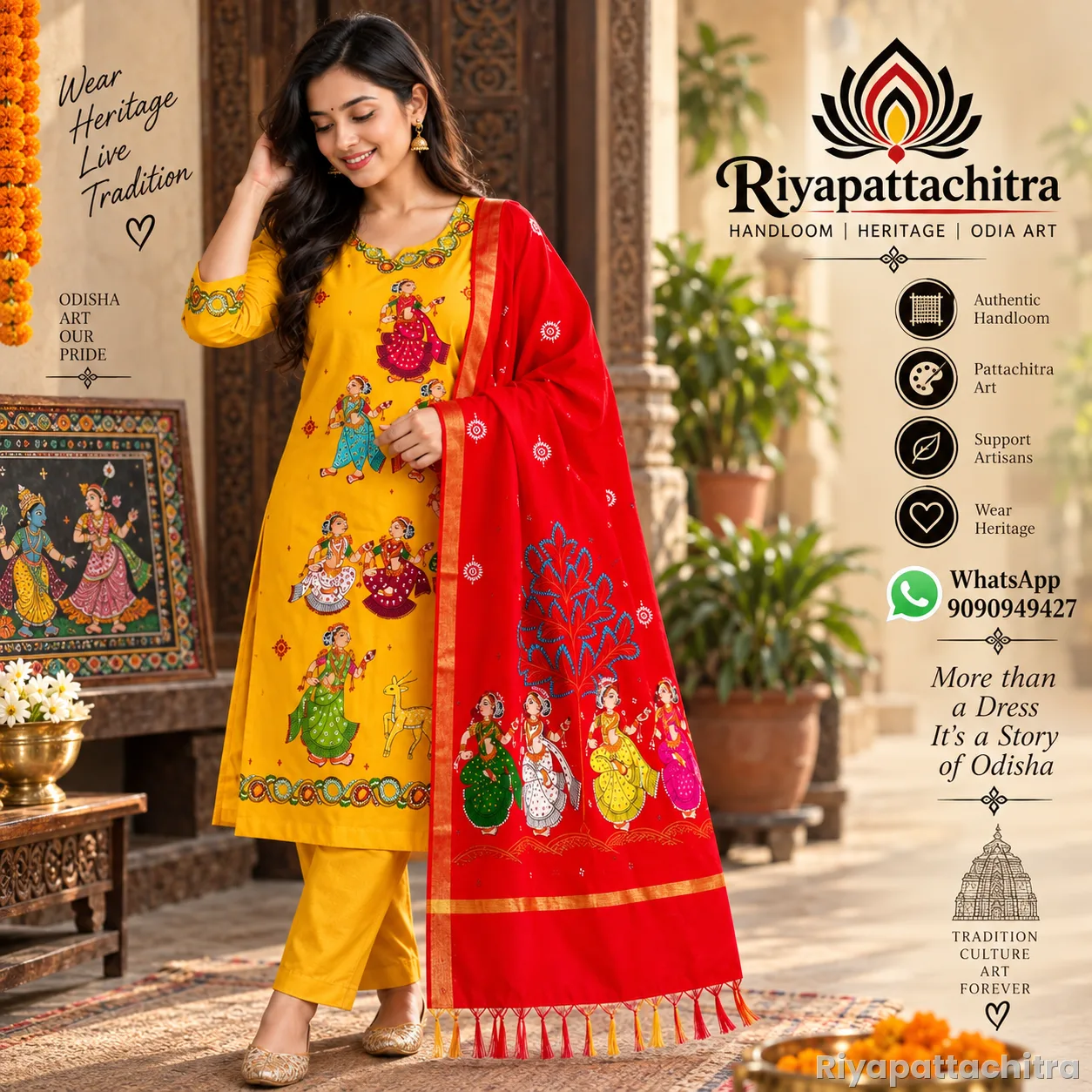 Pattachitra Silk Dress Piece + Chandheri Dupatta  (Pre Order)