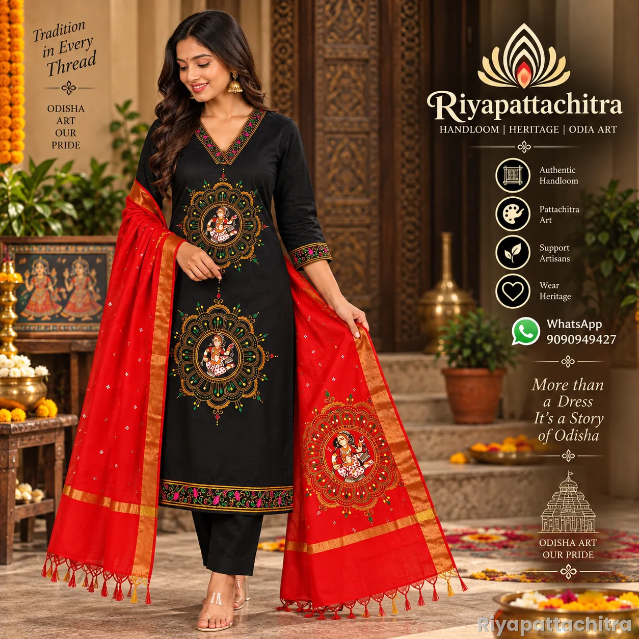 Pattachitra Silk Dress Piece + Chandheri Dupatta  (Pre Order)
