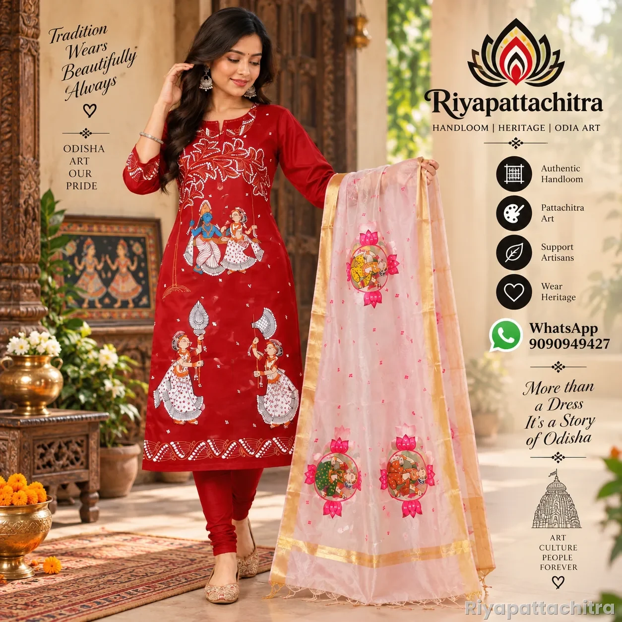 Pattachitra Silk Dress Piece + Chandheri Dupatta  (Pre Order)