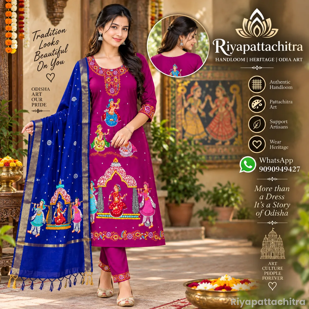 Pattachitra Silk Dress Piece + Chandheri Dupatta  (Pre Order)